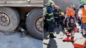 Mladého řidiče vytáhli, zpod kamionu hasiči. Utrpěl zranění dolní končetiny