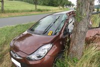Řidička (60) v zatáčce usnula, sjela do příkopu a zmuchlala nové auto o stromy