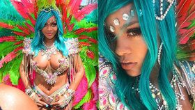 Rihanna oděná jen do šperků a peří rozsvítila karneval