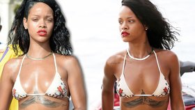 Rihanna předvedla své poprsí napasované v minibikinách