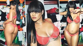 Zpěvačka Rihanna se chlubí těhotenským bříškem ve spodním prádle.