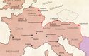 Mapa měst zničených po roce 455 n. l.: Římská municipia v sever- ních provinciích – červeně jsou označena sídla vypleněná barbary v polovině 5. století