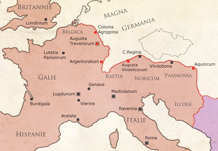 Mapa měst zničených po roce 455 n. l.: Římská municipia v sever- ních provinciích – červeně jsou označena sídla vypleněná barbary v polovině 5. století