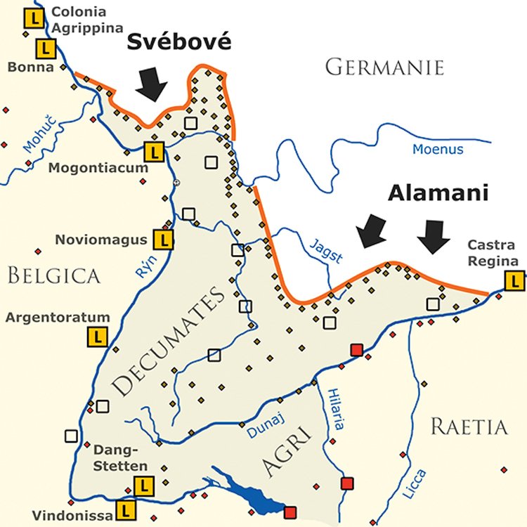 Mapa raétského limitu: Průběh opevněné římské hranice ve 3. století (oranžově)