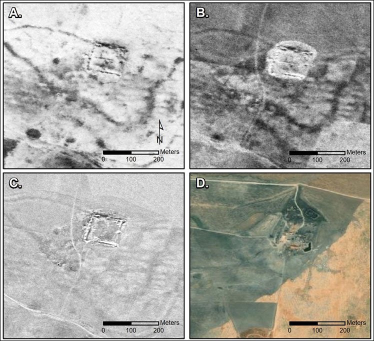 Snímky ze špionážních satelitů programu Corona zobrazující zbytky pevností v Suře a Resafě (Sýrie) a iráckém Ain Sinu