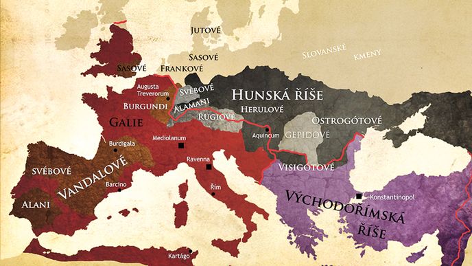 Poslední noci roku 406 překročily kmeny Vandalů, Svébů a Alanů zamrzlou hraniční řeku Rýn a vtrhli do Galie, nejbohatší části Západořímské říše (červeně) a Hispánie (dnešní Španělsko) Poslední noci roku 406 překročily kmeny Vandalů, Svébů a Alanů zamrzlou hraniční řeku Rýn a vtrhli do Galie, nejbohatší části Západořímské říše (červeně) a Hispánie (dnešní Španělsko)