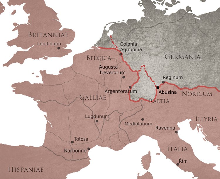 Evropa ve 2. století: Průběh Limes Germanicus na vrcholu římské moci ve 2. století (čerchovaně) a rýnská hranice těsně před bitvou na Catalaunských polích v roce 451 n. l.