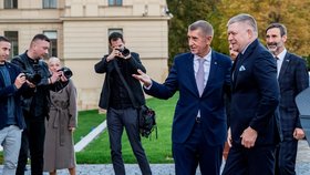 Slovenský premiér Robert Fico a předseda české vlády Andrej Babiš během slavnostního odhalení sochy česko-slovenského přátelství v zahradě Strakovy akademie v Praze (27. října 2026)