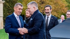 Slovenský premiér Robert Fico a předseda české vlády Andrej Babiš během slavnostního odhalení sochy česko-slovenského přátelství v zahradě Strakovy akademie v Praze (27. října 2026)