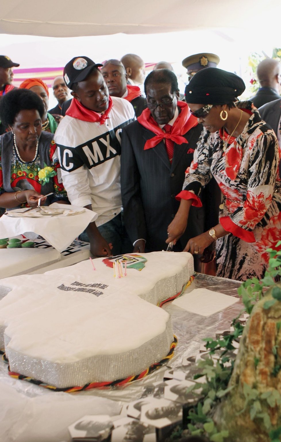 Krájení dortu pro oslavence: Mugabe si užil oslavu za více než milion dolarů