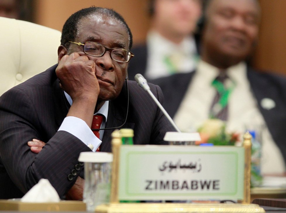 Robert Mugabe na třetím summitu EU a Afriky v roce 2010 během řeči bývalého vůdce Libye Muammara Kadáfího