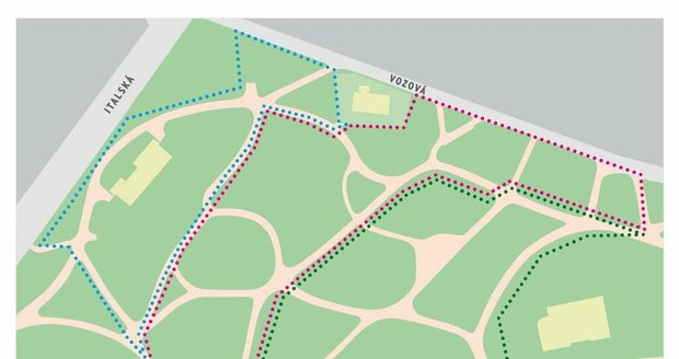 Mapka zobrazuje, kam se dá jít na procházku v Riegrových sadech.