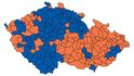 2006: ODS VERSUS ČSSD. Mapa znázorňuje, která ze stran vyhrála ve sněmovních volbách 2006 na úrovni „malých okresů“ (obvodů obcí s rozšířenou působností). V modrých oblastech dominovala ODS, v oranžových ČSSD.