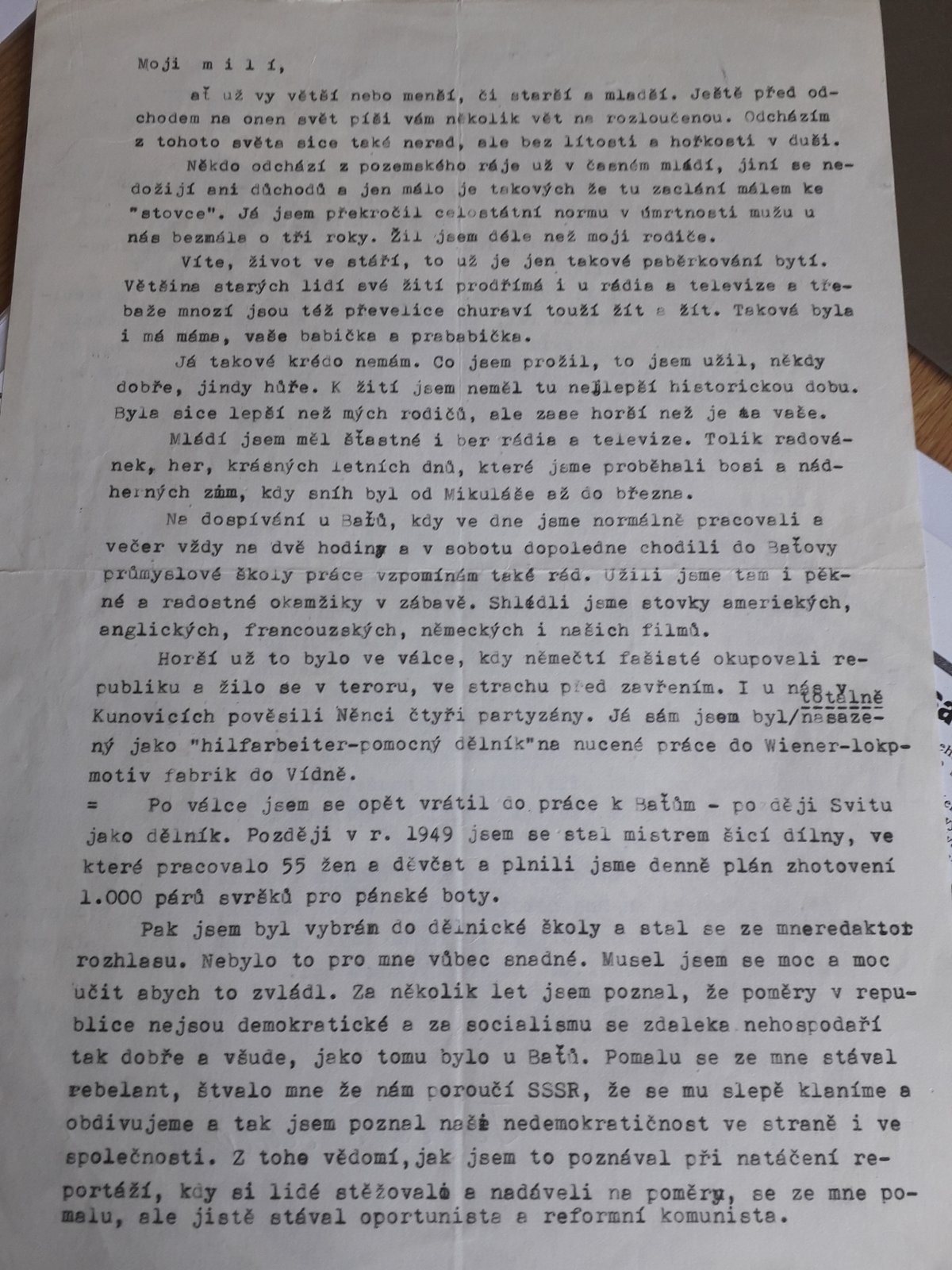 První strana originálu dopisu na rozloučenou.