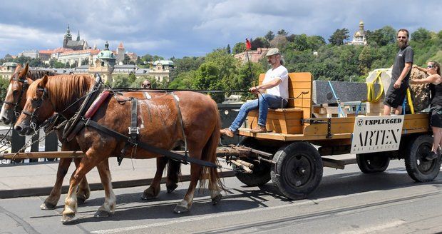 Koňské dvojspřeží přepravilo 2. července 2020 centrem Prahy rozměrné kamenné dílo českého umělce Tomáše Moravce z jeho holešovického ateliéru na nadcházející mezinárodní skupinovou výstavu UNPLUGGED, která se v Galerii Rudolfinum otevře 13. srpna a potrvá do 29. listopadu 2020.