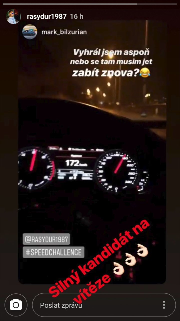 Rudyšar se s kamarády hecuje na Instagramu k rychlé jízdě.