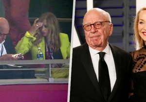 Rupert Murdoch vlevo se snoubenkou Ann Lesley Smithovou na Super Bowlu, vpravo s exmanželkou Jerry Hallovou