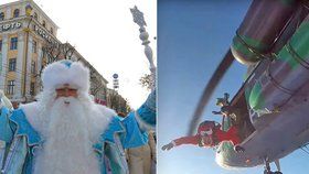 Extrémní novoroční přání: Rusové skočili z vrtulníku v převleku za dědy Mráze.