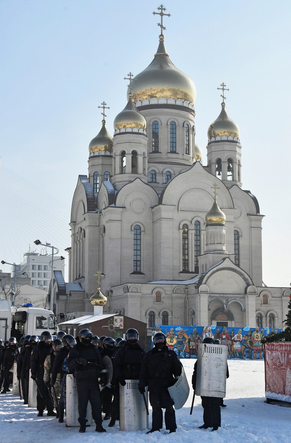 Policejní manévry a zatýkání během demonstrací za vězněného Navalného (31.1.2021)