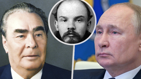 Brežněv (vlevo), Lenin (uprostřed) a Putin (vpravo).