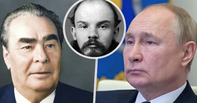 Brežněv (vlevo), Lenin (uprostřed) a Putin (vpravo).