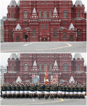 Porovnání oslav konce druhé světové války v letech 2019 (spodní snímek) a letos. Kvůli koronaviru zelo letos Rudé náměstí v Moskvě prázdnotou.