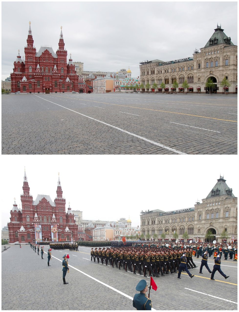 Porovnání oslav konce druhé světové války v letech 2019 (spodní snímek) a letos. Kvůli koronaviru zelo letos Rudé náměstí v Moskvě prázdnotou.