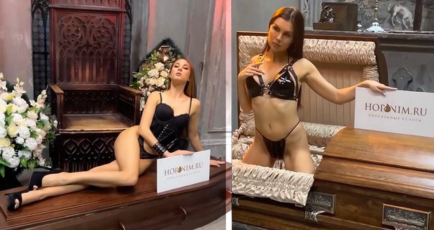 Sexy dívka na rakvích v reklamě na pohřbení ústav v Rusku vzbudily vlnu pohoršení.