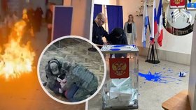 Odpor při prezidentských volbách v Rusku: Požáry, útok barvou i zatýkání. Putin volil online