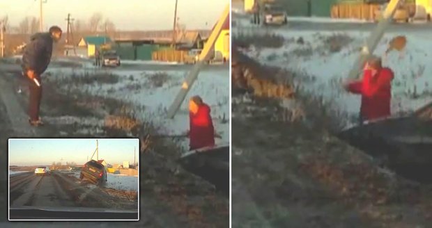 Tohle se může stát jen v Rusku: Zuřivý řidič s nožem dostal výprask lopatou
