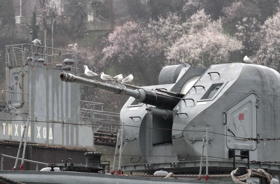 Na dělech ruských vojenských lodí zatím posedávají rackové