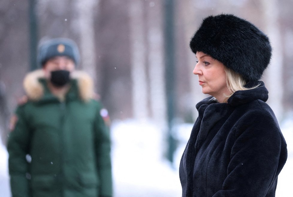 Britská ministryně zahraničí Liz Trussová v Moskvě. Jednala i se svým protějškem Sergejem Lavrovem (10.2.2022)