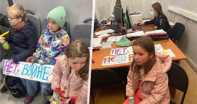 Putin začal na demonstracích zatýkat i malé školáky. Tři děti skončily na stanici kvůli rozkošným cedulím a květinám.