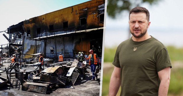 Zelenskyj ukázal dopad rakety na obchoďák v Kremenčuku. „Chtěli zabít co nejvíc lidí“