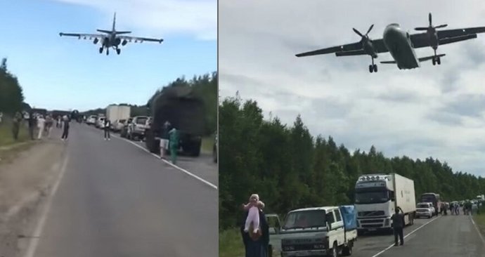 Ruští vojáci trénovali nouzové přistání na rušné dálnici.