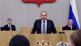 Ruský ministr zahraničí Sergej Lavrov v dumě (19. 2. 2025)