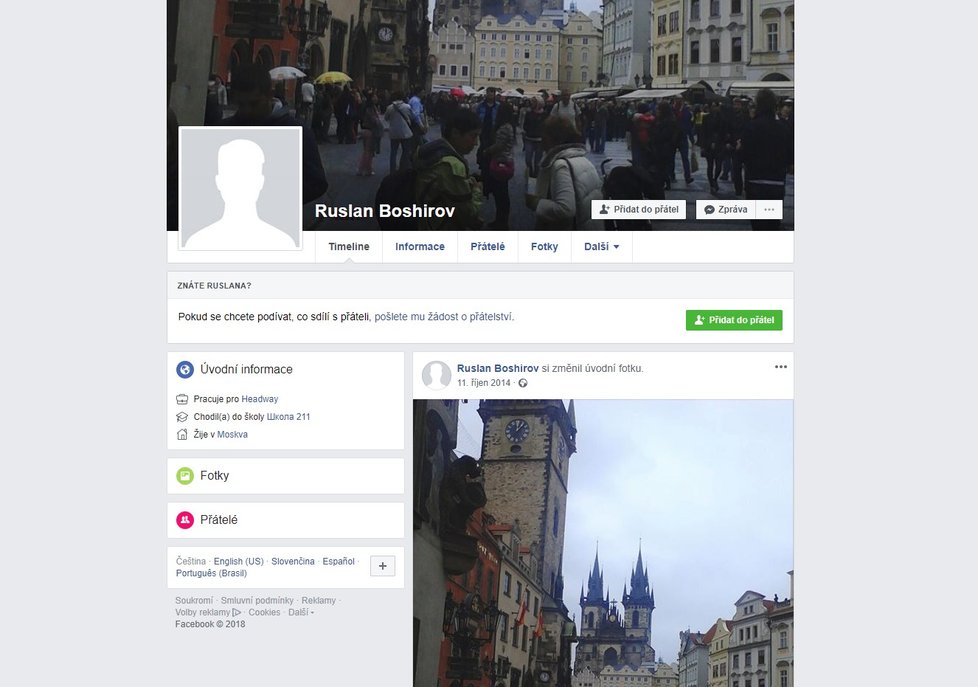 Jeden z agentů ruské rozvědky obviněných z útoku novičokem Ruslan Boširov má na Facebooku pouze fotku Prahy.
