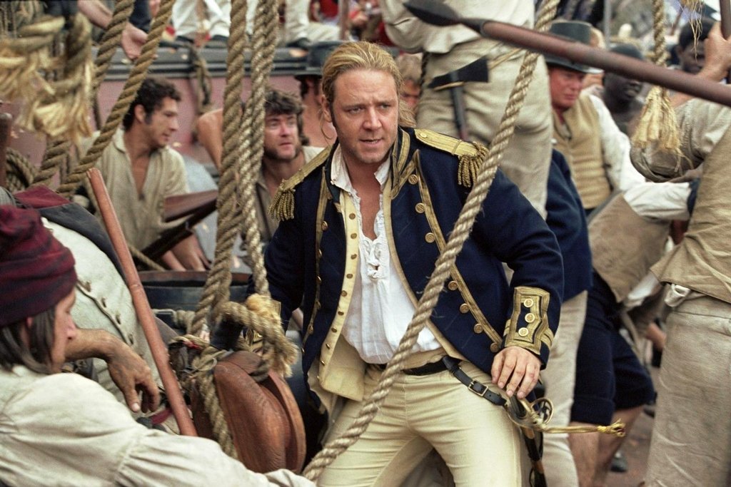 Russell Crowe jako kapitán Jack Aubrey ve filmu Master and Commander – Odvrácená strana světa