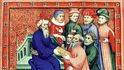 Niccolò, Maffeo a Marco Polovi předávají velkému chánovi dopis od papeže