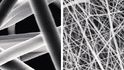 Srovnání hustoty látky meltblown (vlevo), z níž se vyrábějí zdravotní chirurgické roušky, a nanomembrány patentované ing. Munzarovou, z níž se vyrábějí nanoroušky. Měřítko je stejné, zvětšeno pětitisíckrát.