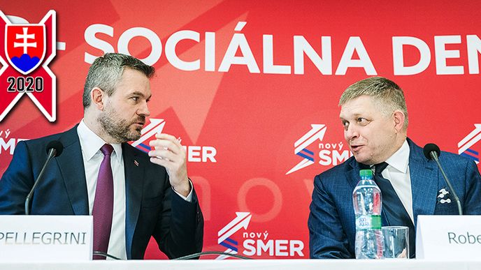 Peter Pellegrini a Robert Fico. Tisková konference strany SMER