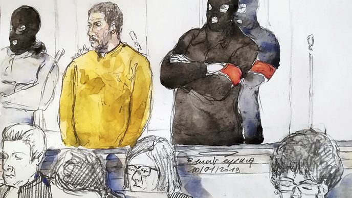 Kresba ze soudní síně z 10. ledna letošního roku. Francouzský džihádista Mehdi Nemmouche, který bojoval i v Sýrii, se zodpovídá za teroristický útok proti Židovskému muzeu v Bruselu v roce 2014.
