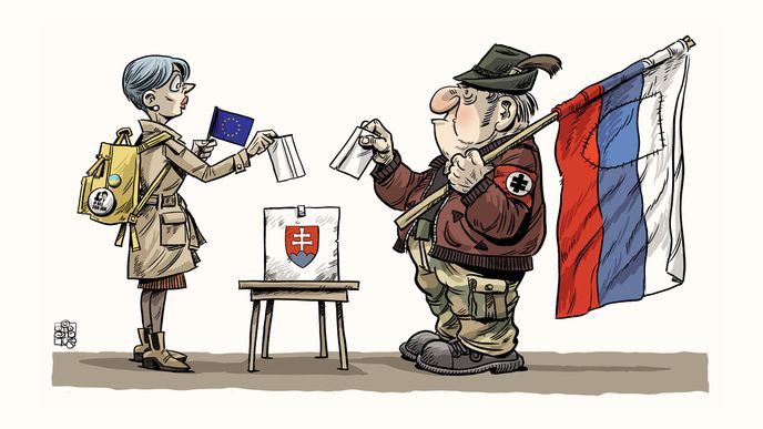 Slovensko dvou tváří: Ilustrace k prezidentským volbám od známého slovenského karikaturisty a grafického designéra Shootyho, občanským jménem Martina Šútovce