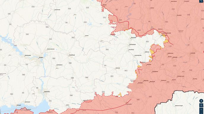 Červeně vyznačená území jsou pod kontrolou Ruska a proruských separatistů