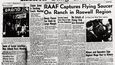 Titulní strana novin Roswell Daily Record z 8. července 1947 popisující nález záhadných trosek