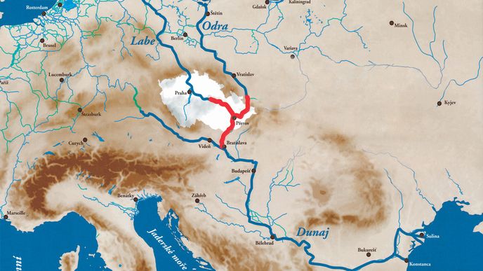Vodní koridor Dunaj-Odra-Labe. Schematická mapa ukazuje, kudy se z Česka dostanete k moři po vodě.