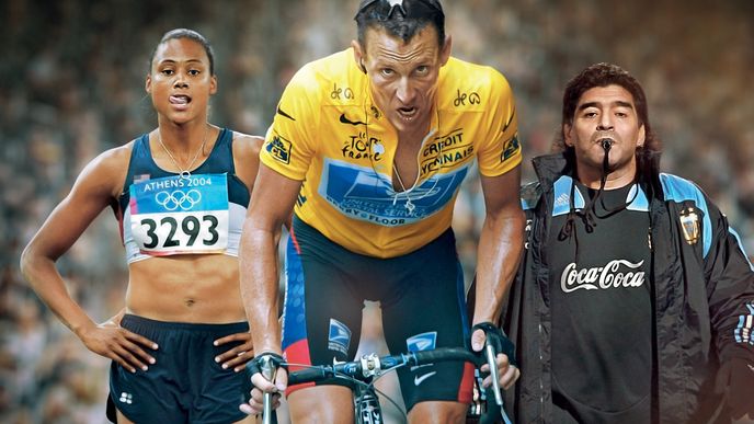 Slavní hříšníci světového sportu: Marion Jonesová, Lance Armstrong a Diego Maradona, který nejdříve dojel na svou lásku ke kokainu, aby byl posléze vyloučen z MS v kopané v roce 1994 za užití efedrinu.