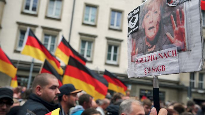 Většina transparentů na demonstraci pořádané Pegidou a Alternativou pro Německo (AfD) útočila na kancléřku Merkelovou. Nejednou ji zobrazovaly s rukama potřísněnýma krví.