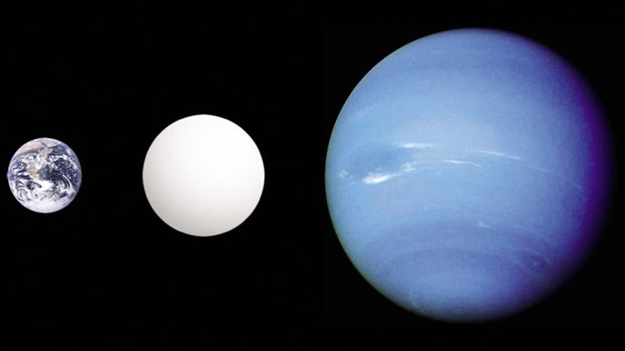 Porovnání velikosti Země a Neptunu s planetou typu superzemě (uprostřed)