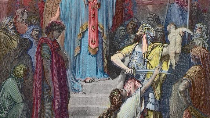 Jedna z nejslavnějších scén Starého zákona: Moudrý král Šalomoun zjišťuje, která z žen je skutečnou matkou dítěte
